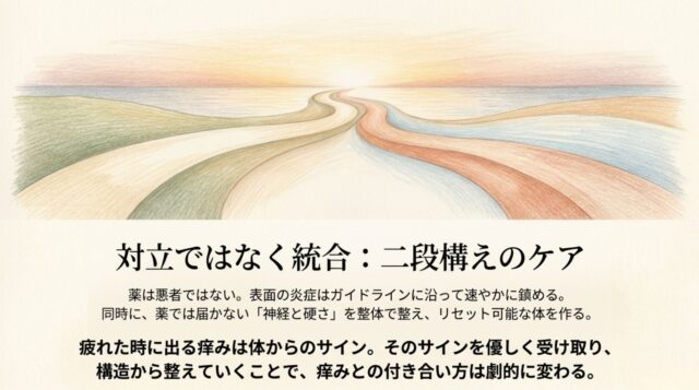 対立ではなく統合：二段構えのケア」という見出し。薬と整体の両立、体からのサインを受け取ることの大切さを綴ったテキスト。