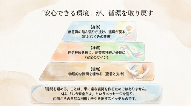 身体・神経・環境の3つの側面からセルフケアの効果をまとめた図。