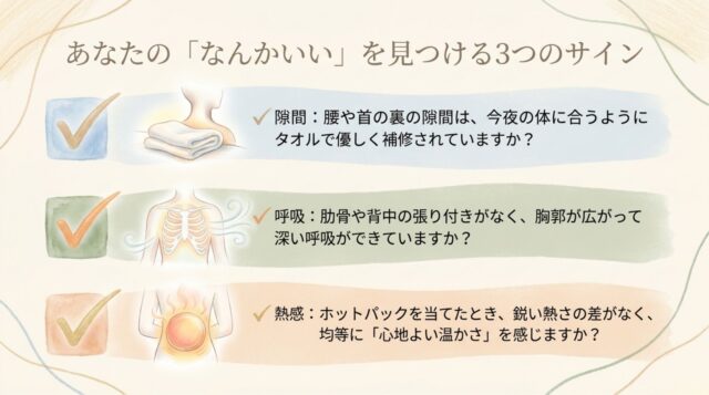 隙間（タオルの補修）、呼吸（胸郭の広がり）、熱感（均等な心地よさ）の3つのサインについて、チェックボックス形式で問いかける日本語テキスト。