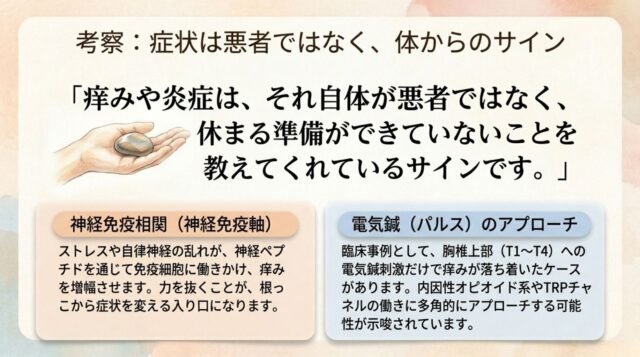 「神経免疫相関（神経免疫軸）」による痒みの増幅のメカニズムと、「電気鍼（パルス）のアプローチ」として胸椎上部への刺激で痒みが落ち着いた臨床事例を記載した考察スライド。