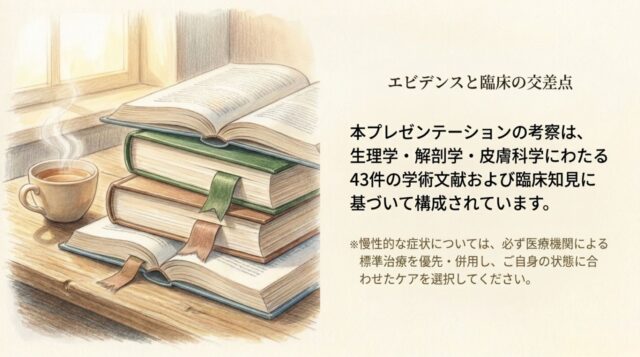 窓際にある机の上に積まれた本とコーヒーの温かみのあるイラスト。「エビデンスと臨床の交差点」という見出しと、文献数・注意事項のテキスト。
