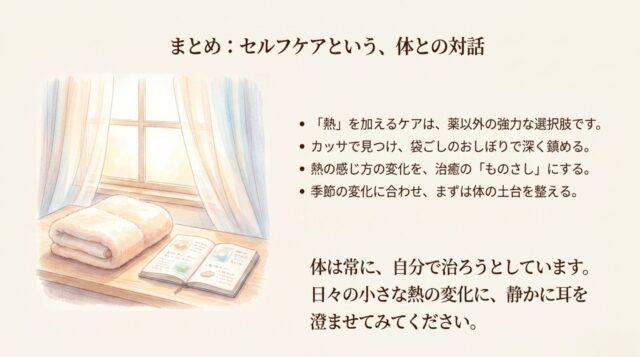 カーテンが揺れる明るい窓辺に置かれた、ふんわりとしたタオルと、セルフケアの記録がつけられた開いたノートのイラスト。