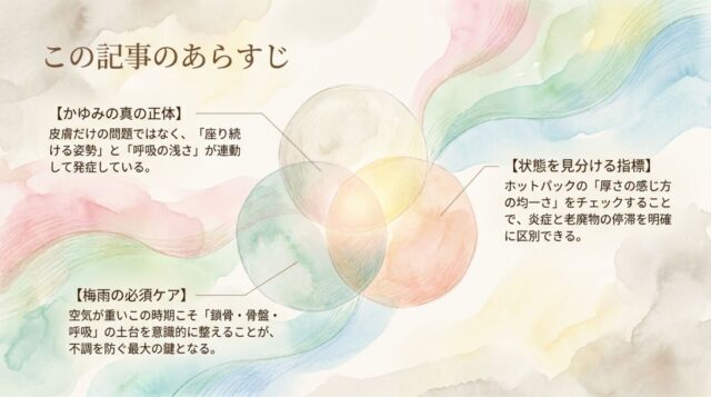 かゆみの正体（姿勢と呼吸）、状態の指標（ホットパックの感覚）、梅雨の必須ケア（鎖骨・骨盤・呼吸の土台）について箇条書きでまとめられたあらすじのページ。