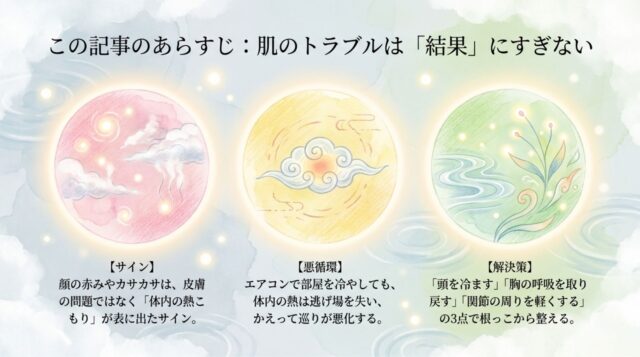上部に雲と太陽のイラスト、および水と植物のイラストがあり、下部には肌の赤みやカサカサが「体内の熱こもり」のサインであること、そして「頭」「胸」「関節」の3点を整える解決策が書かれたPDFの第2ページ