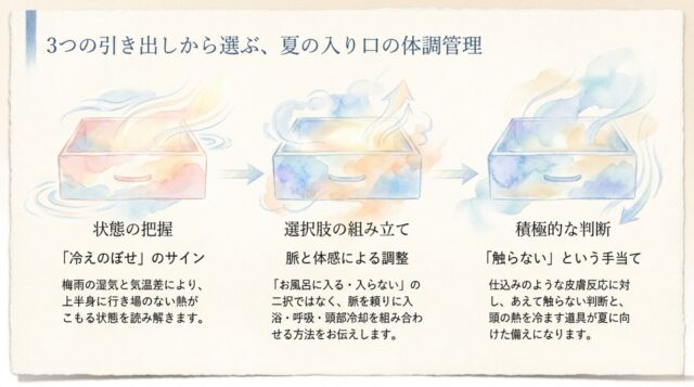 夏の入り口の体調管理として、「状態の把握（冷えのぼせのサイン）」「選択肢の組み立て（脈と体感による調整）」「積極的な判断（『触らない』という手当て）」の3つの引き出しと、それぞれの概要が書かれたページ
