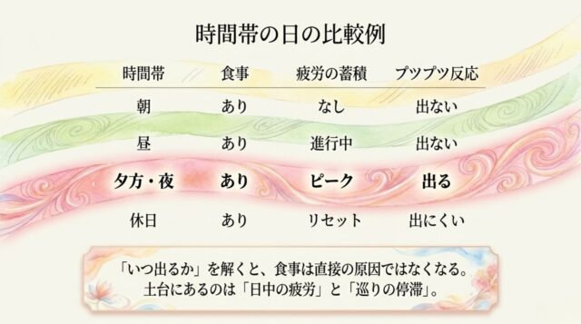 朝・昼・夕方（夜）・休日における、食事の有無、疲労の蓄積度（なし・進行中・ピーク・リセット）、プツプツ反応の有無を比較したマトリクス表。
