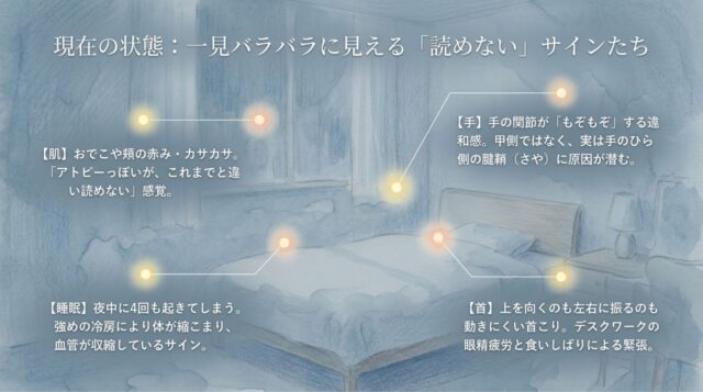 【肌】【手】【睡眠】【首】の4つの項目について、おでこの赤み、手の関節のもぞもぞ感、夜中に4回起きる、首こりといった具体的な不調のサインが詳しく解説されたPDFの第3ページ。