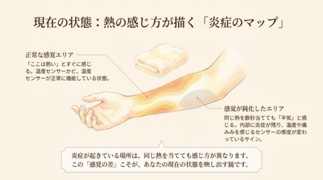 「正常な感覚エリア」と「感覚が鈍化したエリア」における温度センサーの機能や感度の違いを説明する解説テキスト。