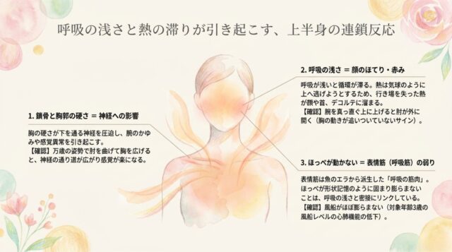 上半身の連鎖反応として「1. 鎖骨と胸郭の硬さ」「2. 呼吸の浅さ」「3. ほっぺが動かない」の3点と、それぞれの神経・熱・筋肉への影響および具体的な動作による確認方法がまとめられたページ。