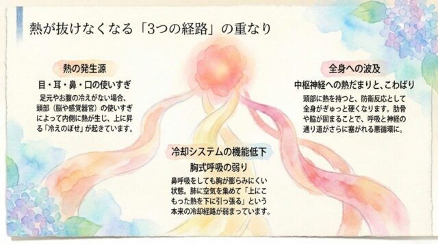 熱が抜けなくなる3つの経路として、熱の発生源（目・耳・鼻・口の使いすぎ）、冷却システムの機能低下（胸式呼吸の弱り）、全身への波及（中枢神経への熱だまりと、こわばり）のメカニズムが整理されたページ 。
