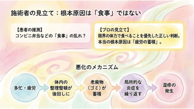 労が原因で体内の掃除が後回しになり、老廃物が溜まって炎症と湿疹が起きるまでの5つのステップを矢印でつないだ図解スライド。
