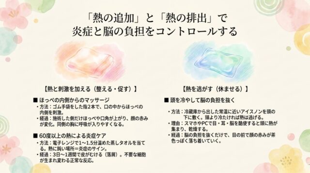「熱と刺激を加える（ほっぺ内側マッサージ、60度以上の蒸しタオル）」および「熱を逃がす（常温に近いアイスノンでの頭部の冷却）」という、具体的なセルフケアの手順と期待される経過が記載されたページ。