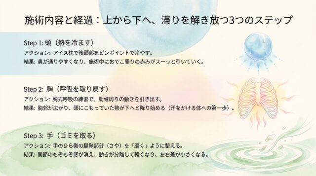 Step 1（頭：熱を冷ます）、Step 2（胸：呼吸を取り戻す）、Step 3（手：ゴミを取る）の3つの施術アクションと、赤みが引く、胸郭が広がる、動きが軽くなるといった結果が記載されたPDFの第5ページ。