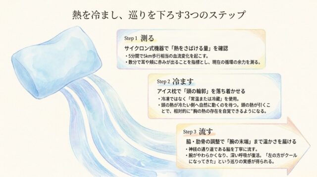 熱を冷まし、巡りを下ろす3つのステップ」として、「Step 1 測る（サイクロン式機器での確認）」「Step 2 冷ます（アイス枕での頭部冷却）」「Step 3 流す（脇・肋骨の調整による深い呼吸の復活）」の手順が書かれたページ