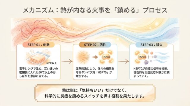 熱による刺激からHSP70の活性化、そして炎症の鎮火へと至るプロセスを描いた3ステップのメカニズム解説。