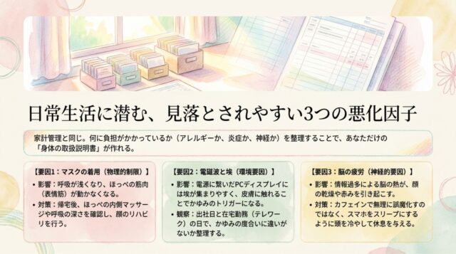 生活の中に潜む3つの悪化因子として「要因1：マスクの着用（物理的制限）」「要因2：電磁波と埃（環境要因）」「要因3：脳の疲労（神経的要因）」を挙げ、それぞれの身体への影響と具体的な対策・観察点をまとめたページ。
