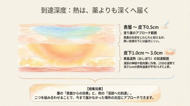 皮下0.5cmまでの塗り薬の範囲と、皮下1.0cm〜3.0cmまでの温熱の到達深度を比較した解説テキスト。