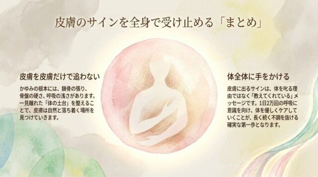 皮膚のサインを部分的に捉えず、鎖骨・骨盤・呼吸といった体全体を優しくケアしていくことの大切さを伝えるまとめのメッセージページ。