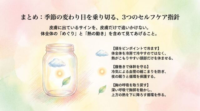上部に雲、太陽、葉っぱが中に入ったガラス瓶のイラストがあり、下部には「頭をピンポイントで冷ます」「腹巻きで体幹を守る」「胸の呼吸を取り戻す」という3つのセルフケア指針がまとめられたPDFの第7ページ。