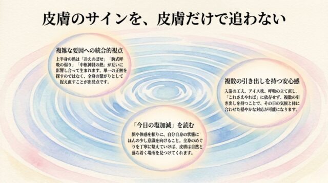 「皮膚のサインを、皮膚だけで追わない」という見出しのもと、「複雑な要因への統合的視点」「『今日の塩加減』を読む」「複数の引き出しを持つ安心感」という3つのまとめのメッセージが記載された最終ページ 。