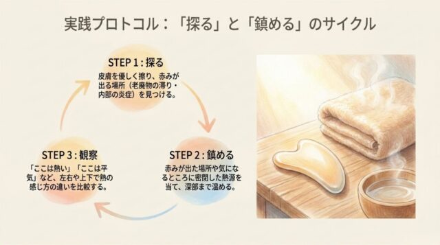 湯気が立つタオル、カッサ、お湯の入った木製ボウルが置かれたテーブルのイラスト。