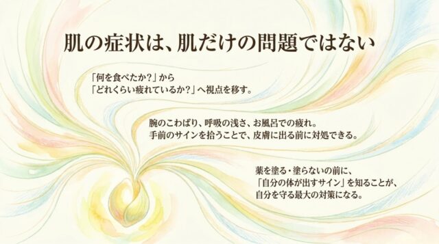 「肌の症状は、肌だけの問題ではない」というメッセージから始まり、食事内容よりも疲労度や体のサイン（呼吸・こわばり等）に目を向ける重要性を総括したまとめのページ。
