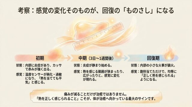 カッサと熱の感じ方の変化をベースに、初期、中期、回復期の3つのプロセスで治癒のサインを解説したテキスト。
