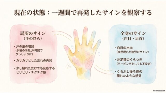 中央に描かれた汗をかく手のイラストの左右に、ピンク色の「局所のサイン（手のひら）」と、水色の「全身のサイン（白目・足首）」の箇条書きテキストボックスを配置したスライド。