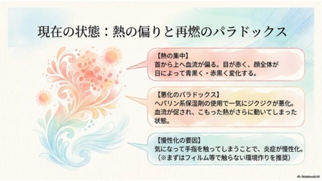 左側にカラフルな装飾イラスト、右側に3つのテキストボックス（ピンク、オレンジ、水色の枠）があり、「現在の状態：熱の偏りと再燃のパラドックス」というタイトルのもと、「熱の集中」「悪化のパラドックス」「慢性化の要因」について日本語で解説しているスライド。