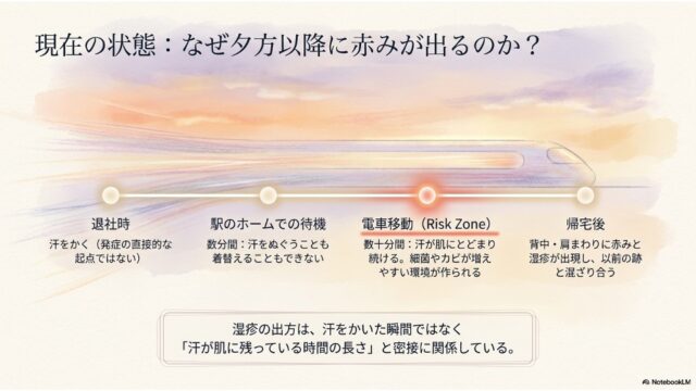 夕焼け空と高速で走る列車の背景に、退社時から帰宅後までの4つのフェーズを示すタイムラインが描かれ、汗が皮膚に残留する時間と湿疹発生の関連性を説明しているスライド。