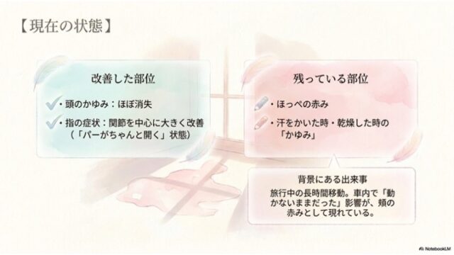 淡いベージュの背景に、窓からの光と影の抽象的なイラスト。左側に薄い緑色のカード「改善した部位」があり「頭のかゆみ」「指の症状」がチェックマーク付きで記載。右側に薄いピンク色のカード「残っている部位」があり「ほっぺの赤み」「汗・乾燥時のかゆみ」が記載。右下には「背景にある出来事」として長時間移動の影響を記した吹き出しがある。