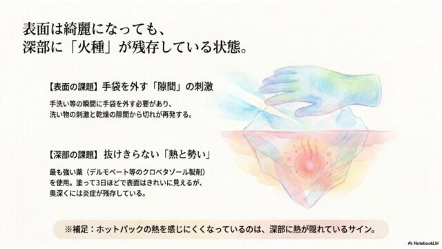 表面は綺麗に見えるが海面下（皮膚の奥深く）に赤い火種が残る様子を氷山と手のイラストで表現し、「表面の課題」と「深部の課題」について説明しているスライド。