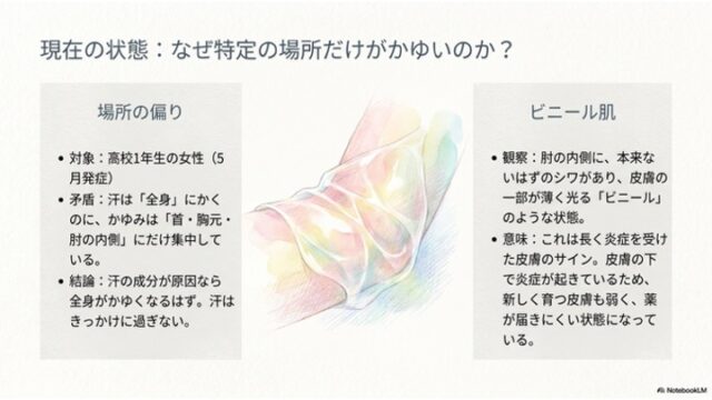 現在の状態：なぜ特定の場所だけがかゆいのか？」という見出しの下、左右に「場所の偏り」と「ビニール肌」の箇条書きテキストボックスがあり、中央に透明な膜で覆われた肘の関節部分を描いたイラストがあるスライド。