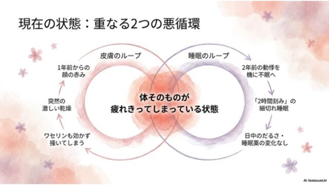2つの矢印の円（皮膚のループと睡眠のループ）が中央で交差する図。交差部分には赤色のぼかしと「体そのものが疲れきってしまっている状態」の文字。周囲にはそれぞれの不調のステップが配置されている。