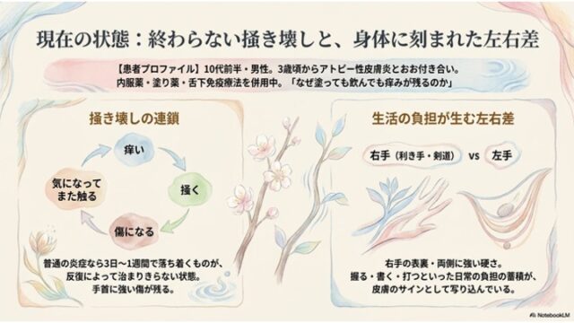 「現在の状態：終わらない掻き壊しと、身体に刻まれた左右差」というタイトルのもと、上部に患者のプロフィール、左側に「掻き壊しの連鎖」のサイクル図、右側に「右手と左手の違い」を解説する手のイラストが左右に分かれて描かれたスライド。