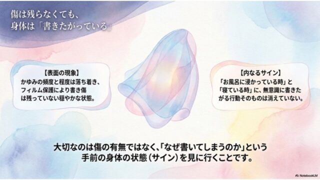 中央に紫と青の半透明な有機的シェイプがあり、その左右に「表面の現象」と「内なるサイン」を対比するテキストボックス、下部に「なぜ書いてしまうのかという手前の身体の状態を見に行くこと」の重要性を強調する一文が配置されたスライド。