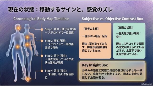 人体図を用いた症状移動のタイムラインと、主観的感覚と客観的症状のズレを対比した解説スライド