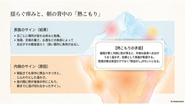 氷山のイラストを中心に、水面上の「表面のサイン（結果）」と水面下の「内側のサイン（原因）」および「熱こもりの矛盾」を整理したスライド。