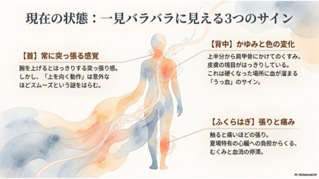 人体の背面のイラストを中心に、首の突っ張り・背中のかゆみとうっ血・ふくらはぎの張りという3つの症状を指し示して説明する画像。