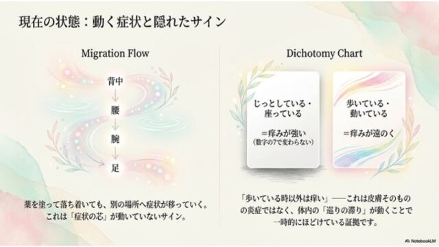 左側に「背中→腰→腕→足」と症状が移る流れを示す図、右側に「静止時」と「歩行時」での痒みの変化を対比させたカードが配置されたスライド。