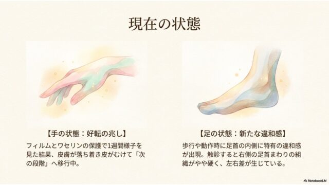 左に淡い色使いの手のイラストと、その下に「手の状態：好転の兆し」の説明文。右に足首から足先にかけてのイラストと、その下に「足の状態：新たな違和感」の説明文がある。