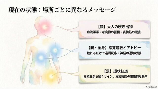 人体のシルエット図。顔に赤、胴体に青、足元に黄色の光が当たり、それぞれの部位に対応する症状（顔の吹き出物、腕・全身の感覚過敏、足の環状紅斑）を説明するテキストボックス。