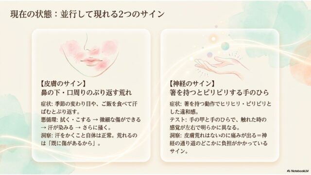 左に口元が赤い人物の顔のイラスト、右に光の粒が飛んでいる手のひらのイラスト。それぞれの下に詳細な説明文が記載されている。