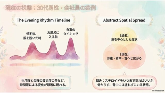 左側に「帰宅後」「お風呂前」「食事」でピークを迎えるかゆみの波を示すグラフ、右側に過去と現在の症状の部位の広がりを示すベン図。
