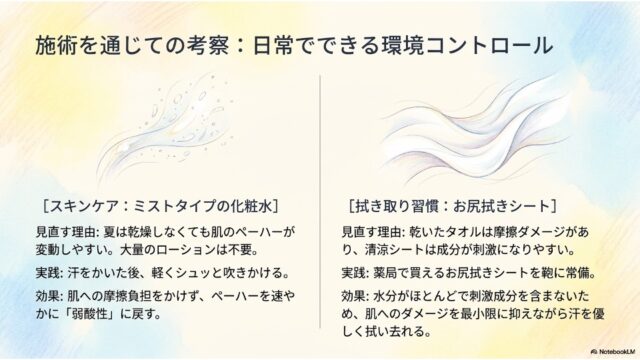 左右で暖色と寒色に色分けされたスライド。左側には水彩風のしずくのイラストとミスト化粧水の推奨、右側には風のようなラインのイラストとお尻拭きシートの推奨に関するテキストが書かれている。