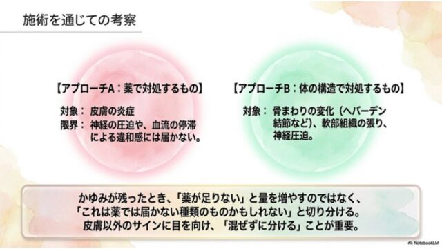 ピンクの「薬によるアプローチ」と緑の「体の構造によるアプローチ」の円を並べ、それぞれの対象と限界、およびかゆみの原因を切り分けて考えることの重要性を説いたスライド。