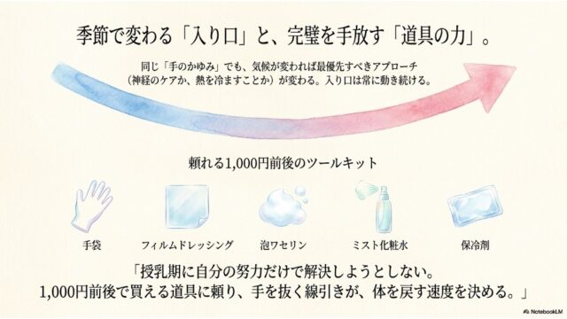 季節で変わるアプローチを示すグラデーションの矢印と、手袋や保冷剤などの「1,000円前後のツールキット」のイラストが並び、道具に頼ることの重要性を説明するスライド。