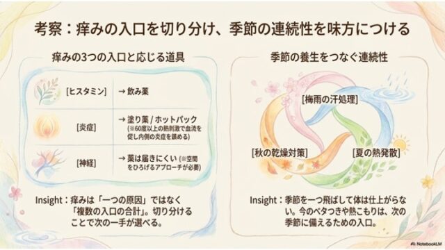 「考察：痒みの入口を切り分け、季節の連続性を味方につける」というタイトルのもと、左側に「痒みの3つの入口と応じる道具」の比較表、右側に「梅雨・夏・秋」の養生のつながりを示す円形の三つ巴イラストが並んだスライド。