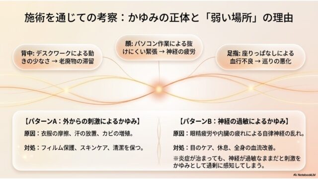 部位ごとの負荷の原因と、外的な刺激・内的な神経過敏という2種類のかゆみパターンをまとめたスライド
