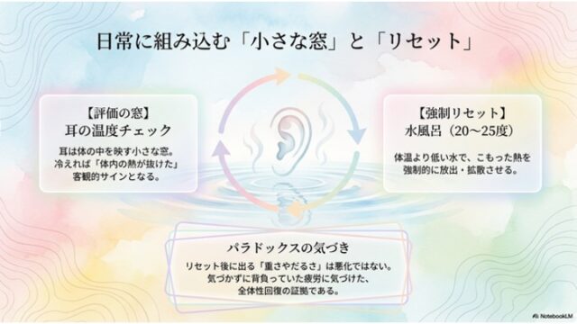 耳の温度チェックと水風呂によるリセット方法、パラドックスの解説、および「皮膚を追わず、体全体のめぐりを読む」というまとめの文章が書かれたスライド。